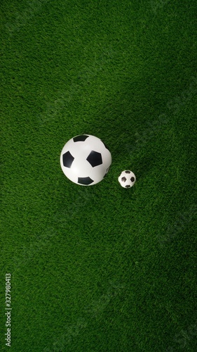 Soccer balls on the green grass. Concept World Cup. Flat lay. Copy space.Story