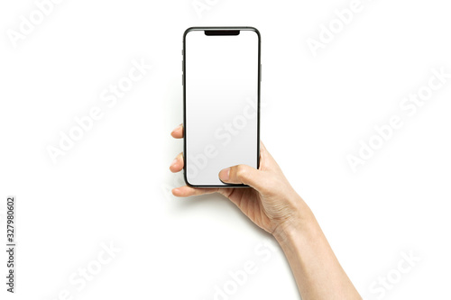 Woman hand hold a smartphone isolated on white.