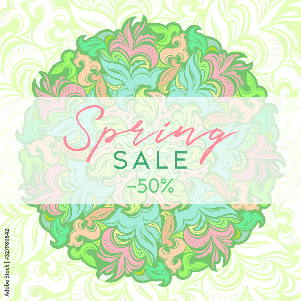 Spring sale, background with floral decorative ornament, stylized plants in delicate colors. Template for card, advertising, cover, sale, ad, brochure, banner, booklet, flyer, gift coupon, certificate