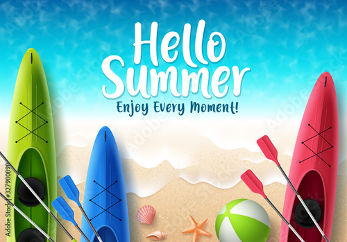 Hello summer vector banner design. Hello summer text with colorful kayak boat and beach elements like beach ball and seashells in seaside top view background. Vector illustration