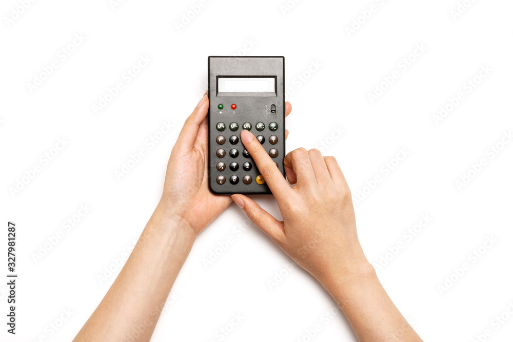 Woman hand hold a black calculator isolated on white. Woman hand hold a black calculator isolated on white.