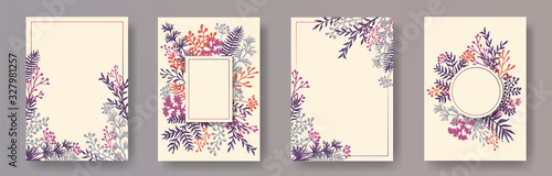 Cute herb twigs, tree branches, flowers floral invitation cards set. Plants borders vintage cards design with dandelion flowers, fern, mistletoe, olive tree leaves, sage twigs.