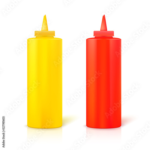 Realistic plastic bottles for ketchup and mustard isolated on white background. Vector 3d illustration