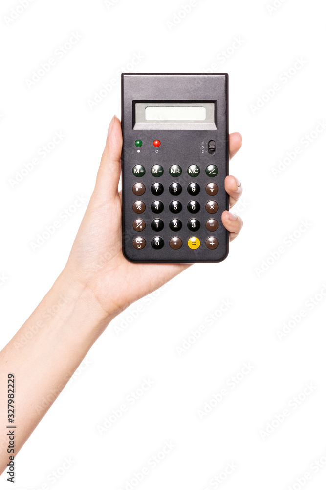 Woman hand hold a Calculator isolated on white. Woman hand hold a Calculator isolated on white.