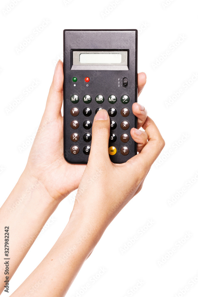 Woman hand hold a Calculator isolated on white. Woman hand hold a Calculator isolated on white.