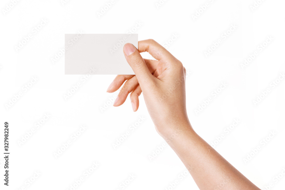 Woman hand hold a empty name card isolated on white. Woman hand hold a empty name card isolated on white.