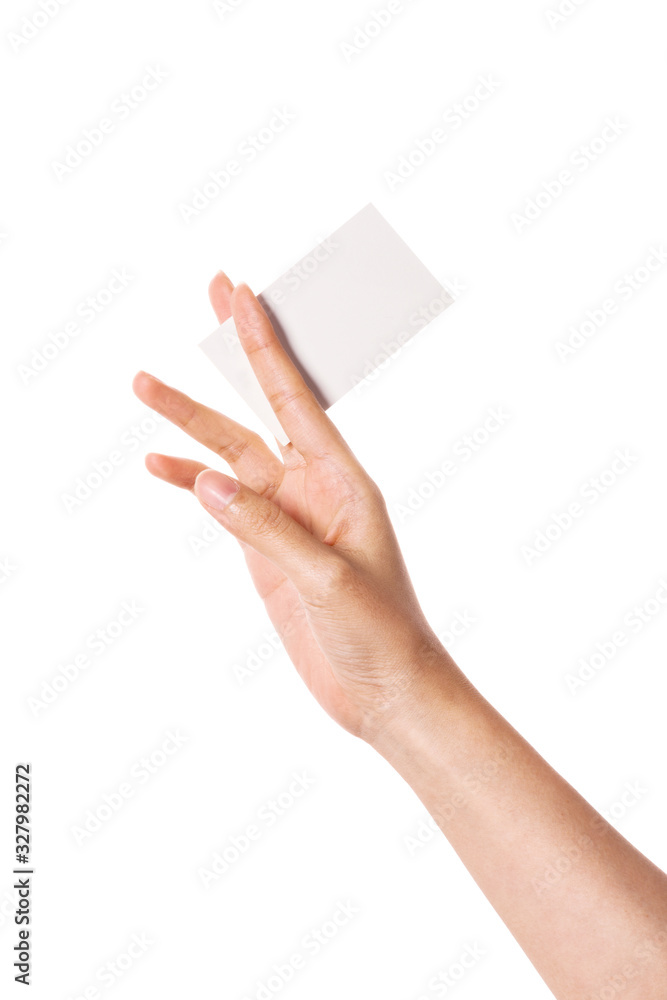 Woman hand hold a empty name card isolated on white. Woman hand hold a empty name card isolated on white.