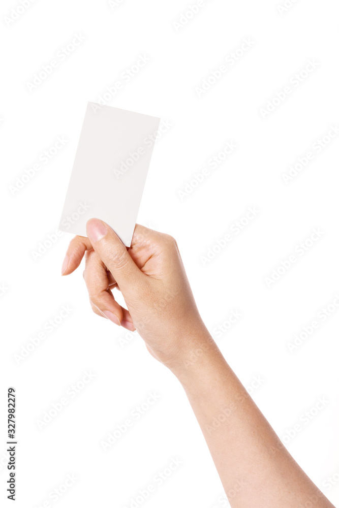 Woman hand hold a empty name card isolated on white. Woman hand hold a empty name card isolated on white.