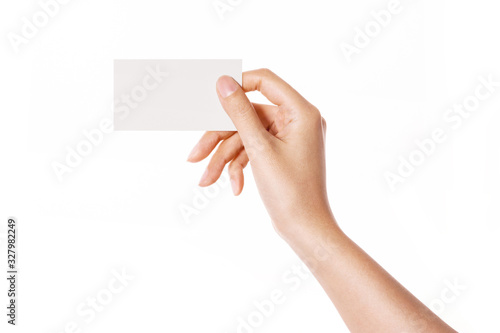 Woman hand hold a empty name card isolated on white.
