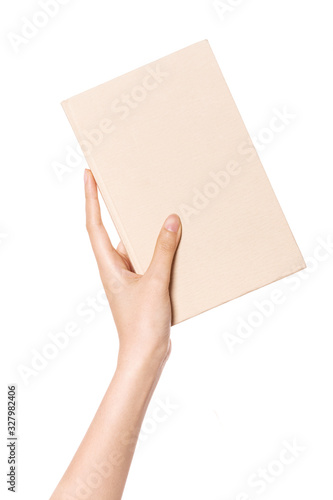 woman hand hold a notebook isolated on white.