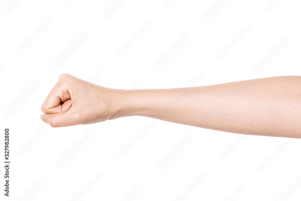 woman hand gesture (power, fist, attack) isolated on white. woman hand gesture (power, fist, attack) isolated on white.