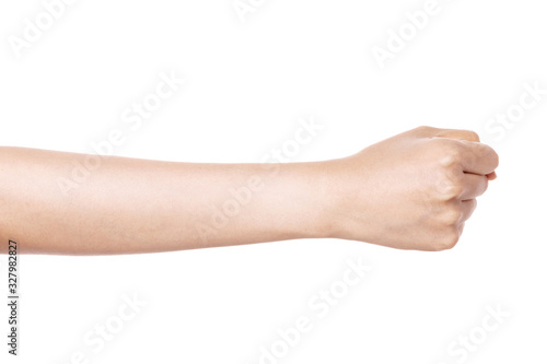 woman hand gesture (power, fist, attack) isolated on white.