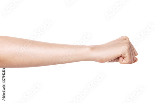 woman hand gesture (power, fist, attack) isolated on white. © dohee
