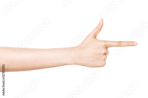 woman hand gesture (direction) isolated on white.