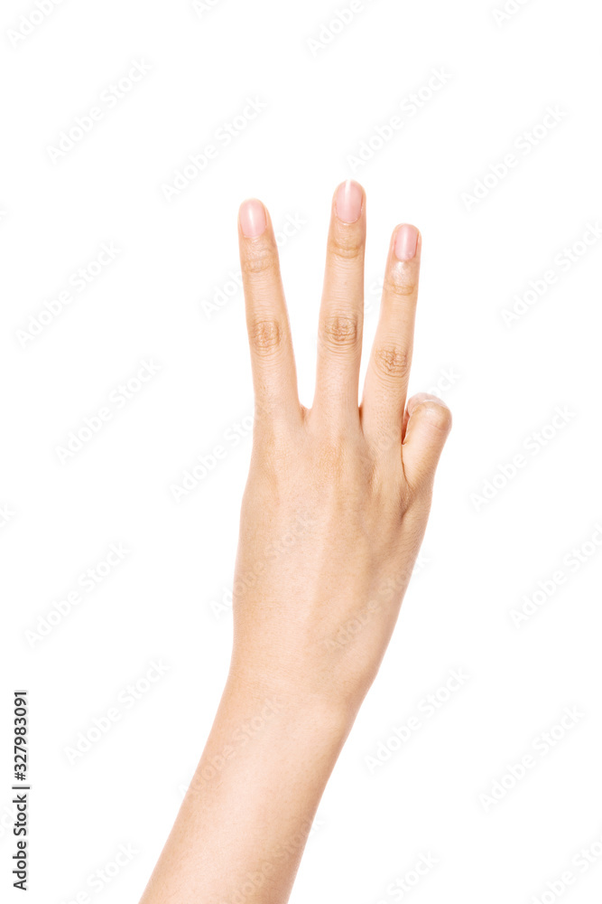 woman hand gesture (number 3) isolated on white. woman hand gesture (number 3) isolated on white.