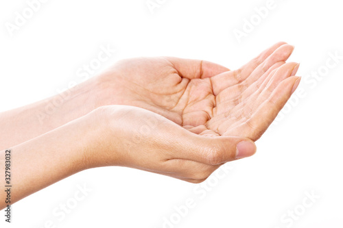 woman hand gesture (give, recieve, share) isolated on white.