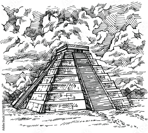 Chichen Itza, Engraved hand drawn sketch. World landmark - ancient Mayan pyramid, Mexico