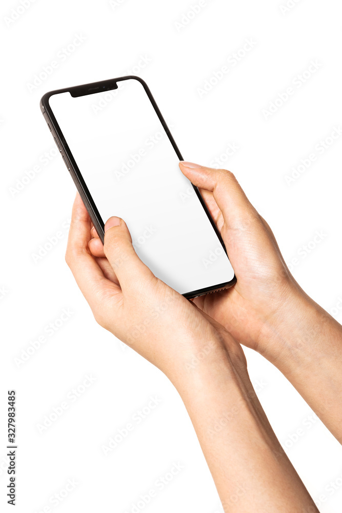 Woman hand hold a smartphone, empty screen side isolated on white. Woman hand hold a smartphone, empty screen side isolated on white.