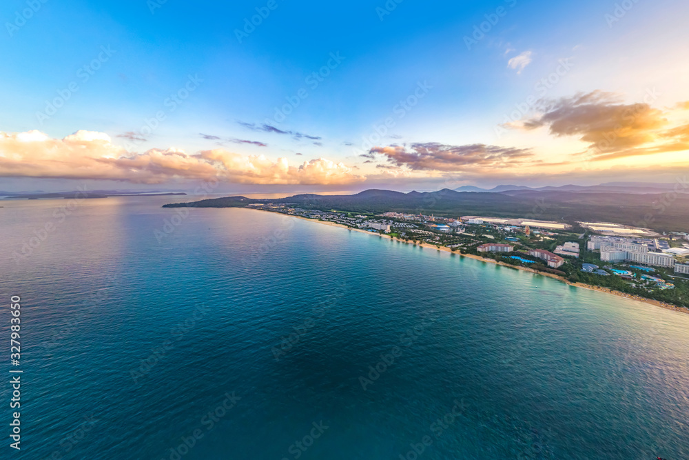 Beautiful Coastal Scenery at Sunrise Time in Phu Quoc Island, a Popular Tourism Destination in Vietnam, Southeast Asia. Aerial View. Beautiful Coastal Scenery at Sunrise Time in Phu Quoc Island, a Popular Tourism Destination in Vietnam, Southeast Asia. Aerial View.