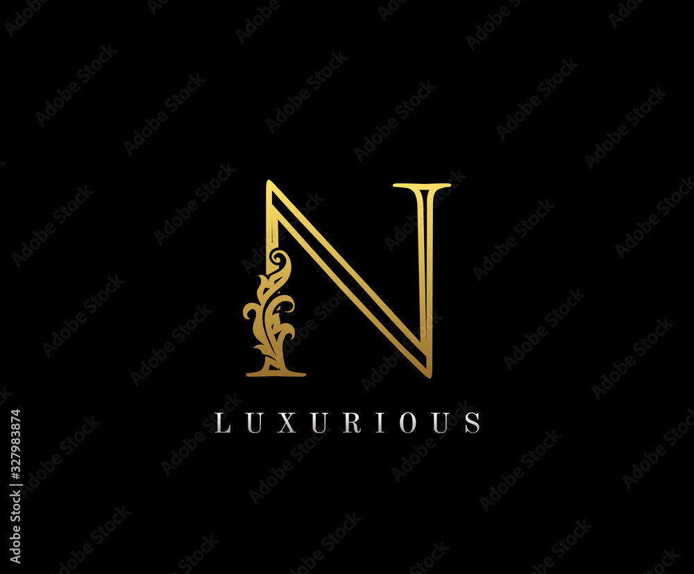 Gold Letter N Logo Icon . N Letter Design Vector with Golden Colors and Floral Hand Drawn. Gold Letter N Logo Icon . N Letter Design Vector with Golden Colors and Floral Hand Drawn.