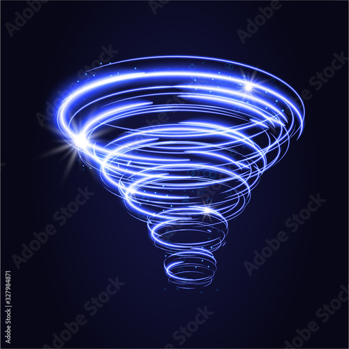 Blue tornado, swirling storm cone of stardust sparkles on dark background. Blue spiral hurricane with light effect. Magical stardust tornado, light hurricane.