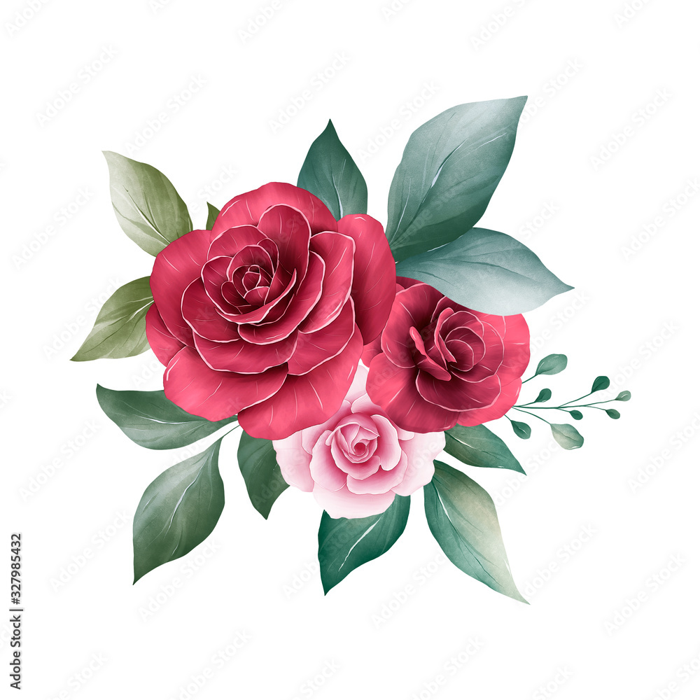 Floral arrangements of red and peach rose flowers, leaves, branches, and gold leaves. Romantic botanic illustration elements for wedding, greeting, and valentine card design Floral arrangements of red and peach rose flowers, leaves, branches, and gold leaves. Romantic botanic illustration elements for wedding, greeting, and valentine card design