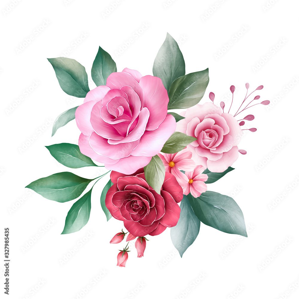 Floral arrangements of red and peach rose flowers, leaves, branches, and gold leaves. Romantic botanic illustration elements for wedding, greeting, and valentine card design