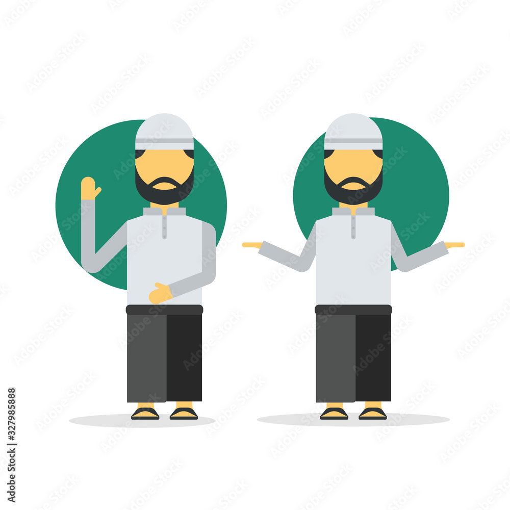 Illustration of moslem man wearing cap and sarong in different gestures. Islamic character vector in flat design style.