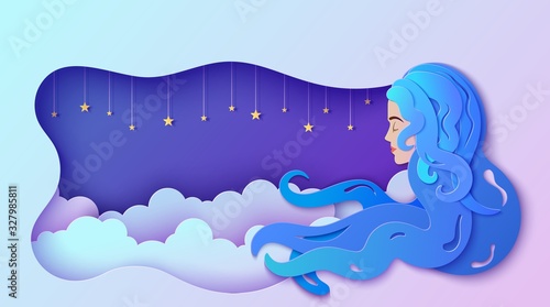 Sleeping girl in paper cut style. Young woman sleep and dreaming. Wavy papercut frame with gold stars on rope and night cloudy sky. Fairy good night and sweet dreams vector card illustrations.