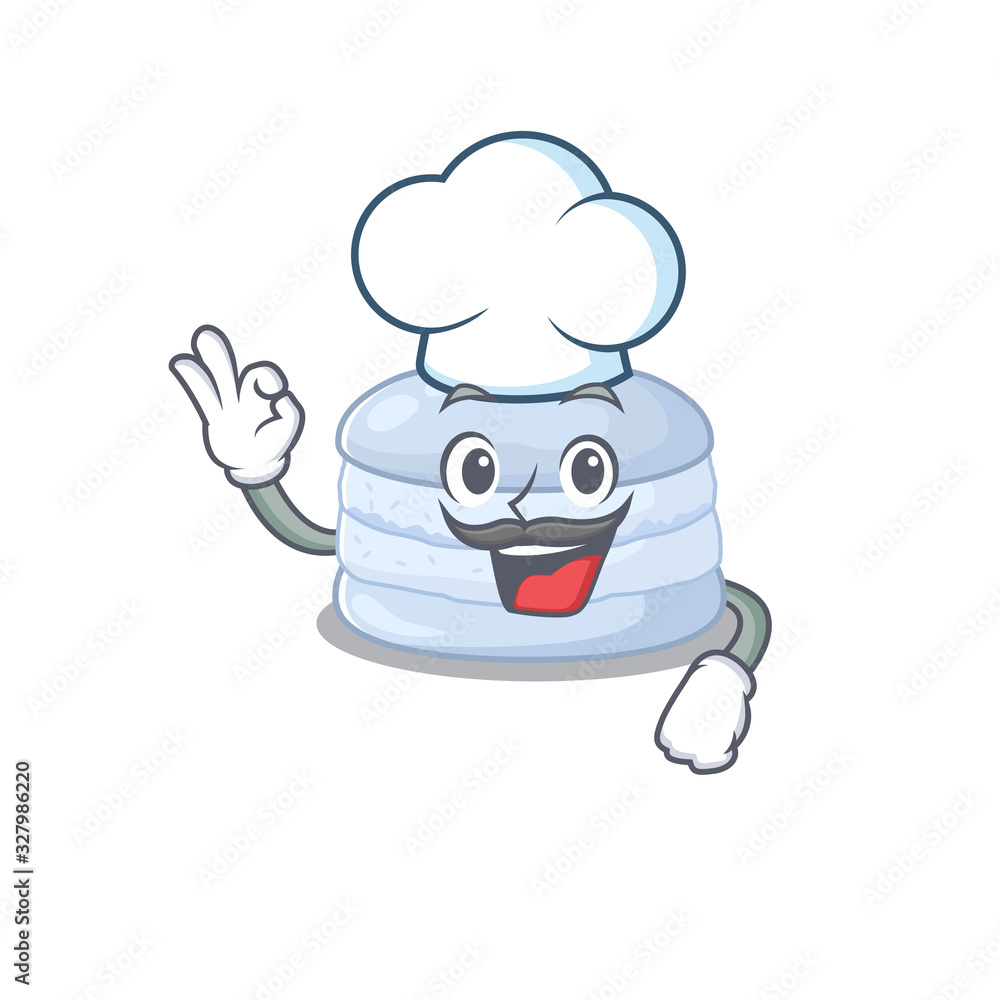 Blueberry macaron cartoon character working as a chef and wearing white hat
