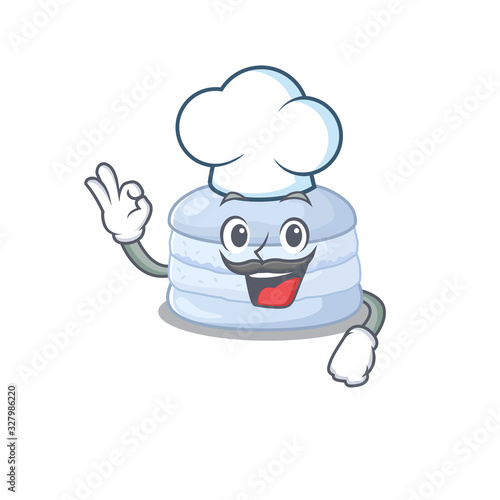 Blueberry macaron cartoon character working as a chef and wearing white hat