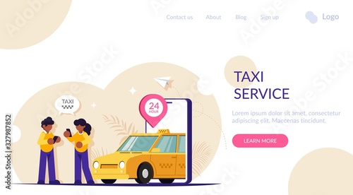 Online taxi concept. People call the car to travel around the city using a mobile app. 24-hour operation of the online service. Modern flat vector illustration. Landing web page template.
