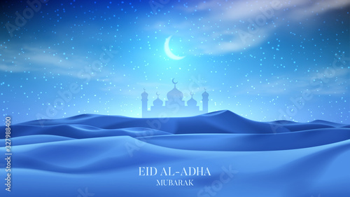 Muslim holiday banner concept. Realistic night desert landscape with starry sky, crescent and clouds. 3d vector illustration with silhouette of mosque. Greeting card for muslim festival Eid Al-Adha.