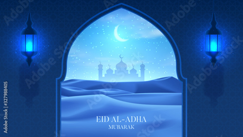 Muslim holiday card concept. Realistic night desert with starry sky, crescent and clouds. 3d vector illustration with silhouette of mosque and lanterns. Greeting card for muslim festival Eid Al-Adha.