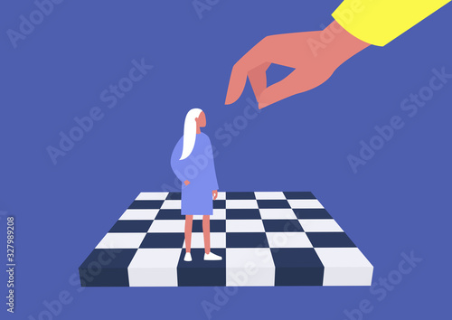 Young female character on a chess board, manipulation and domination, pawn, business strategy, obedience