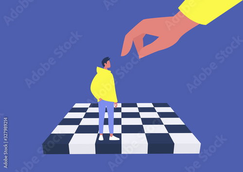Young male character on a chess board, manipulation and domination, pawn, business strategy, obedience