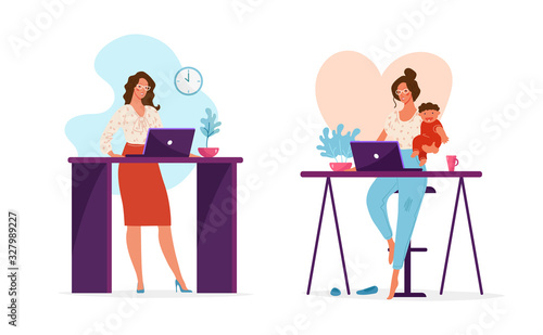 Set of illustrations, a woman works in the office or at a remote work at home holding a child in her arms. The concept of choosing a career or family, combining work and family. Cute female vector 