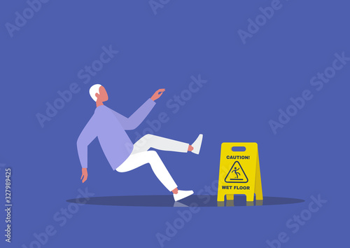 Caution wet floor sign, young male character slipped on the wet floor