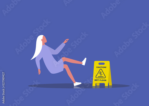 Caution wet floor sign, young female character slipped on the wet floor