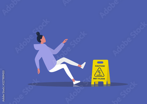Caution wet floor sign, young female character slipped on the wet floor