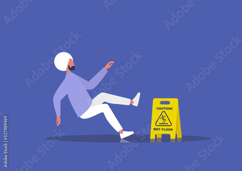 Caution wet floor sign, young indian male character slipped on the wet floor