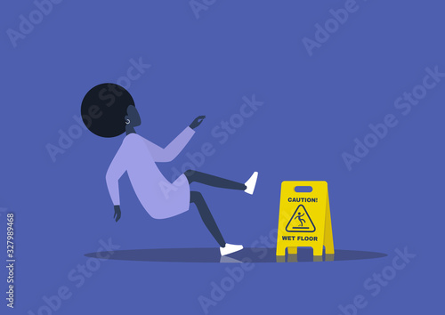 Caution wet floor sign, young black female character slipped on the wet floor