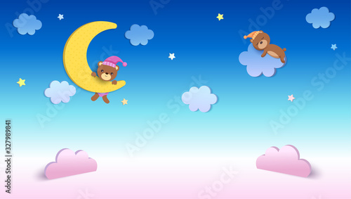 Baby bear with moon 3d graphic sky background.