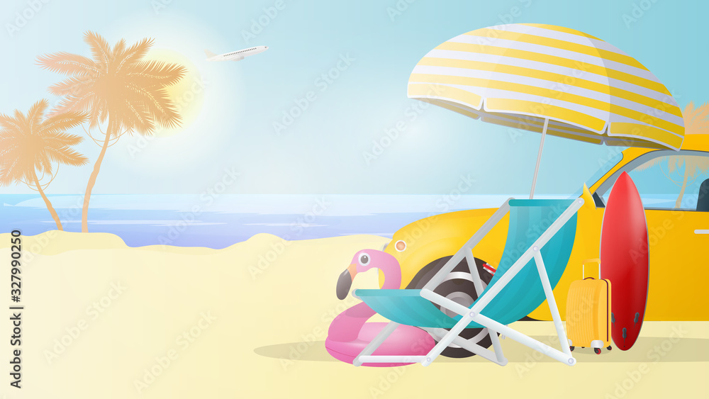Vector illustration of a beach. Palm trees, a deck chair, an umbrella, a yellow suitcase for tourism, a yellow car, a red surfboard.