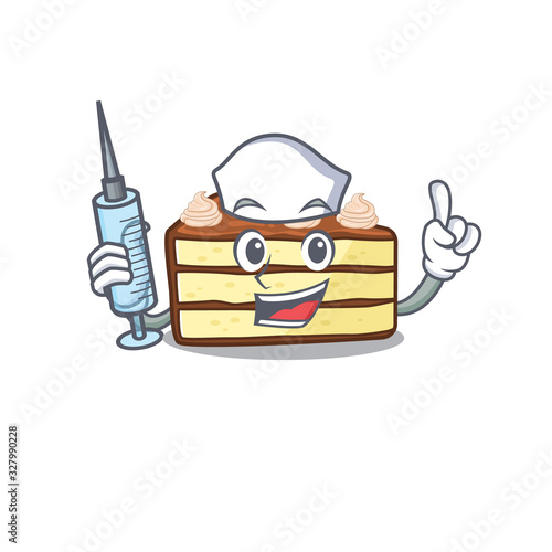 A chocolate slice cake hospitable Nurse character with a syringe