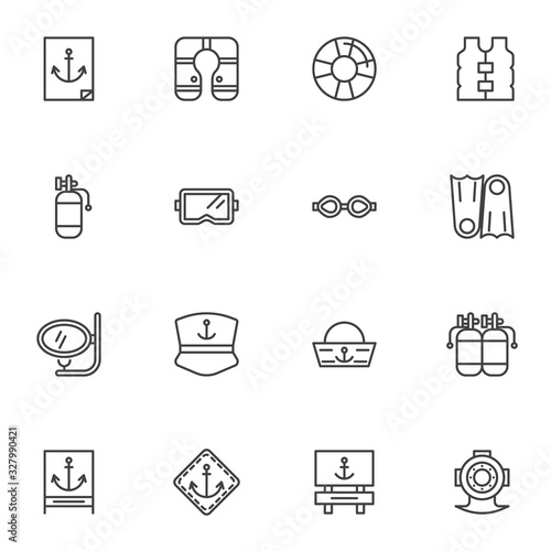 Swimming diving line icons set. linear style symbols collection, outline signs pack. vector graphics. Set includes icons as flippers, diving oxygen cylinder, mask, safety west, anchor, nautical hat
