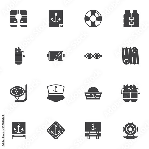 Swimming diving vector icons set, modern solid symbol collection, filled style pictogram pack. Signs, logo illustration. Set includes icons as flippers, diving oxygen cylinder, mask, scuba tank