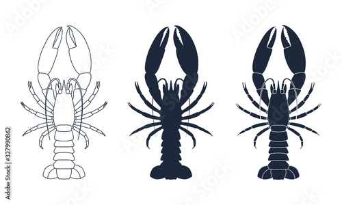 Lobsters graphic icons set. Sea lobsters contour, silhouette and sign isolated on white background. Vector illustration
