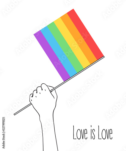Love is Love. Human hand holding flag of LGBT community on flagstaff. Vector illustration in rainbow color for sticker, greeting card, poster, patch, t-shirt, pin.