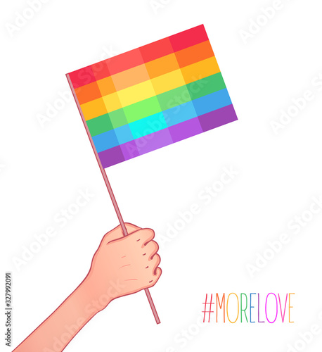 Love is Love. Human hand holding flag of LGBT community on flagstaff. Vector illustration in rainbow color for sticker, greeting card, poster, patch, t-shirt, pin.